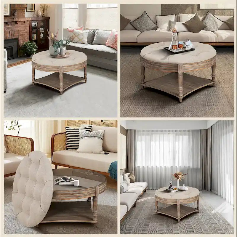 Large Round Tufted Ottoman with Open and Closed Storage