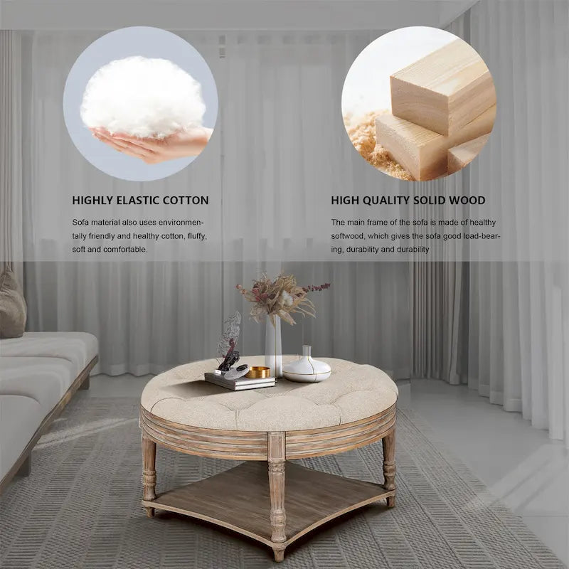 Large Round Tufted Ottoman with Open and Closed Storage