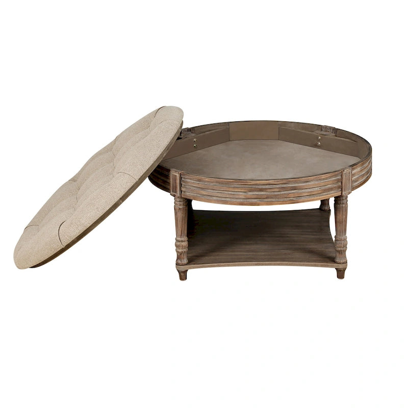 Large Round Tufted Ottoman with Open and Closed Storage