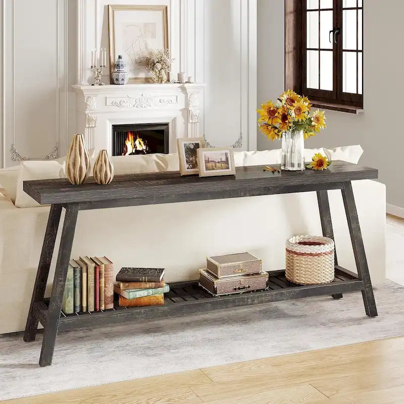 Extra Long 70.9 Inch Farmhouse Console Table 2-Tier Grey