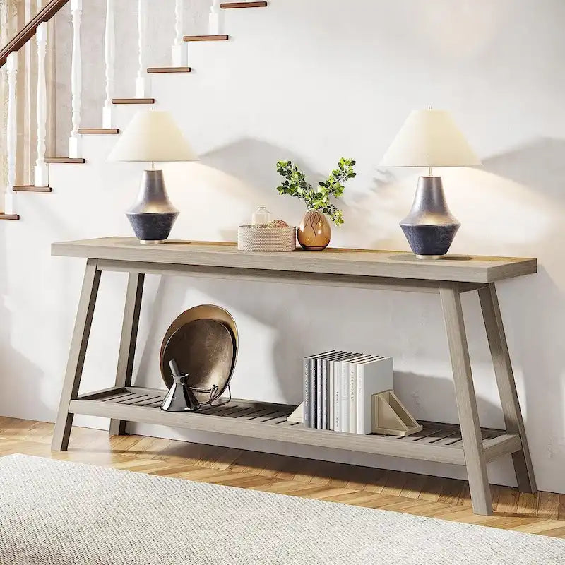 Extra Long 70.9 Inch Farmhouse Console Table 2-Tier Grey
