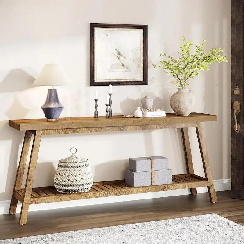 Tavolo consolle rustico extra lungo da 70.9 pollici, grigio, a 2 ripiani