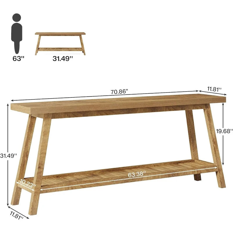 Tavolo consolle rustico extra lungo da 70.9 pollici, grigio, a 2 ripiani