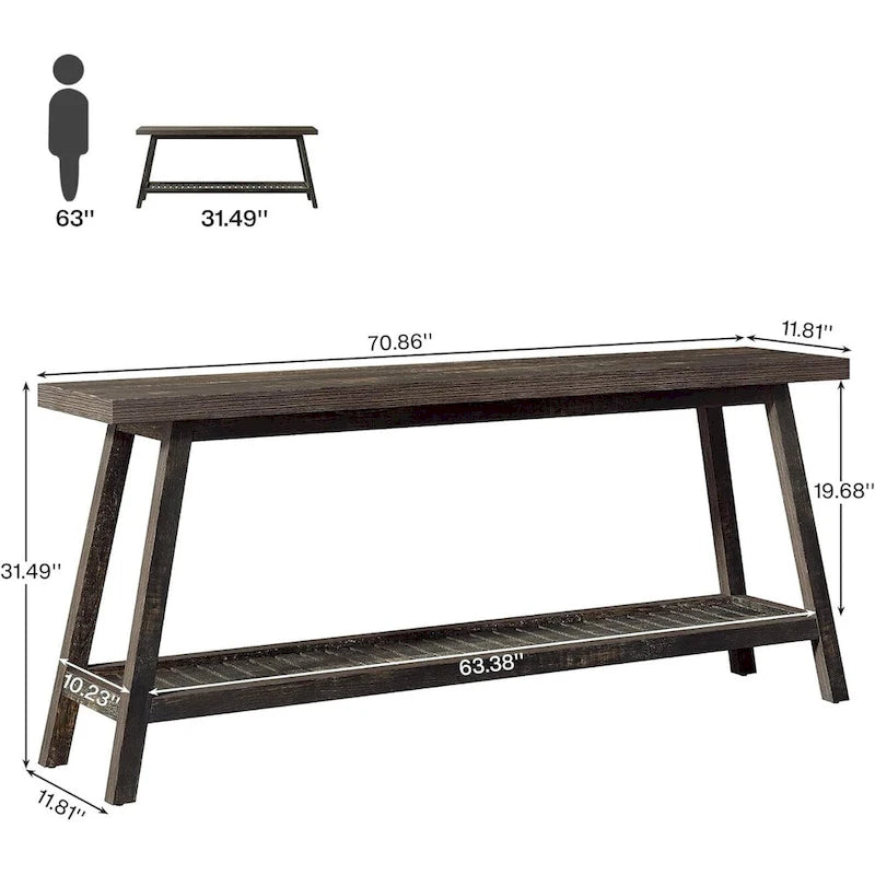 Tavolo consolle rustico extra lungo da 70.9 pollici, grigio, a 2 ripiani