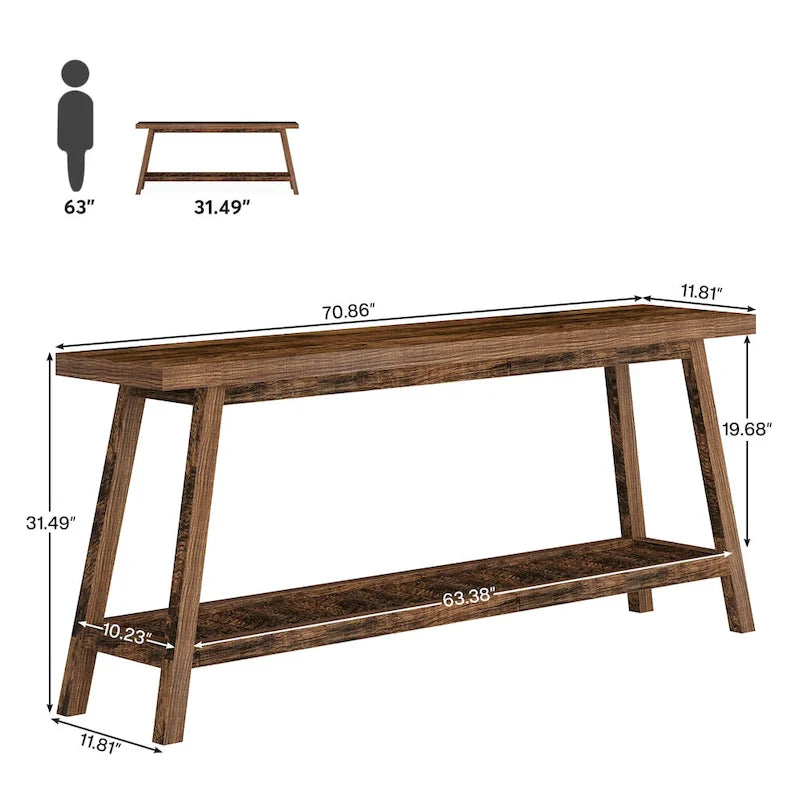 Tavolo consolle rustico extra lungo da 70.9 pollici, grigio, a 2 ripiani