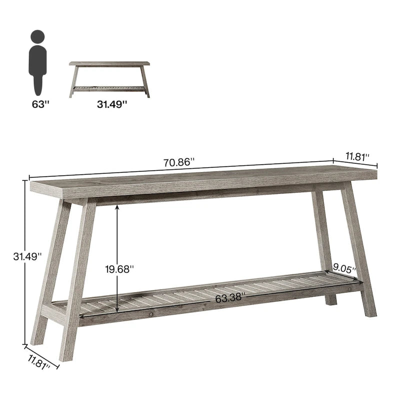 Tavolo consolle rustico extra lungo da 70.9 pollici, grigio, a 2 ripiani