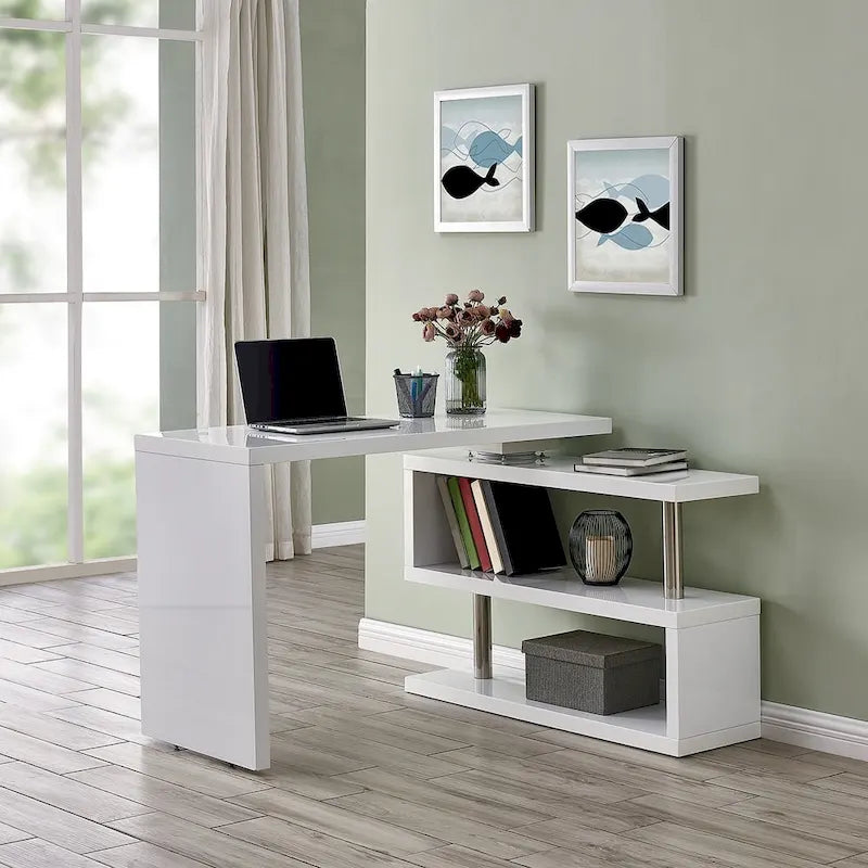 Convertible L-Shaped Swing Desk with Shelves White Chrome