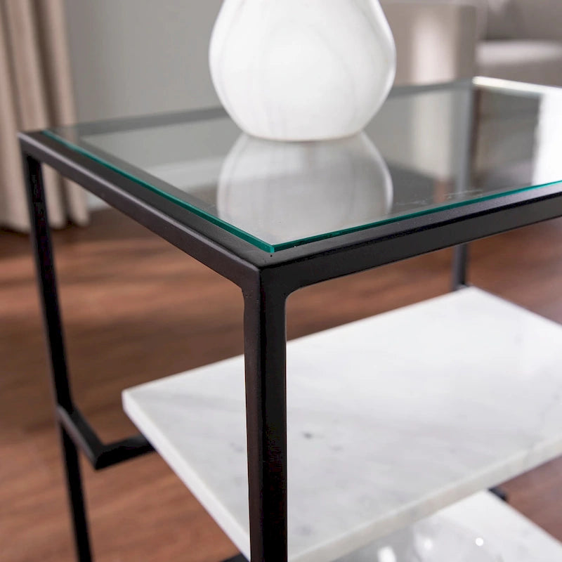 3-Tier Glass Top End Table with Marble Shelves Black and White