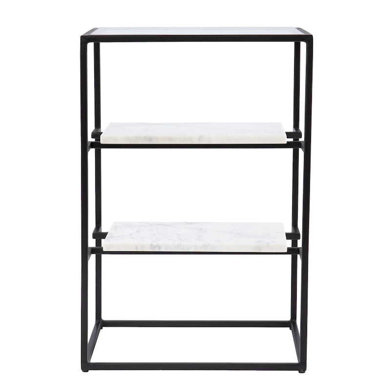 3-Tier Glass Top End Table with Marble Shelves Black and White