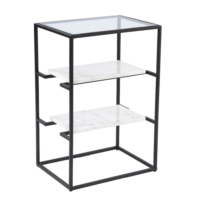 3-Tier Glass Top End Table with Marble Shelves Black and White