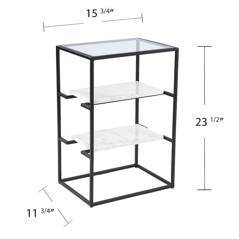 3-Tier Glass Top End Table with Marble Shelves Black and White