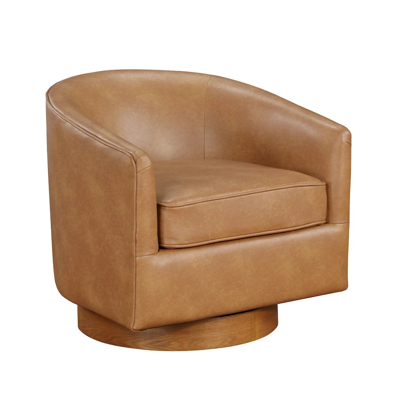 Faux Leather Wood Base Barrel Swivel Chair