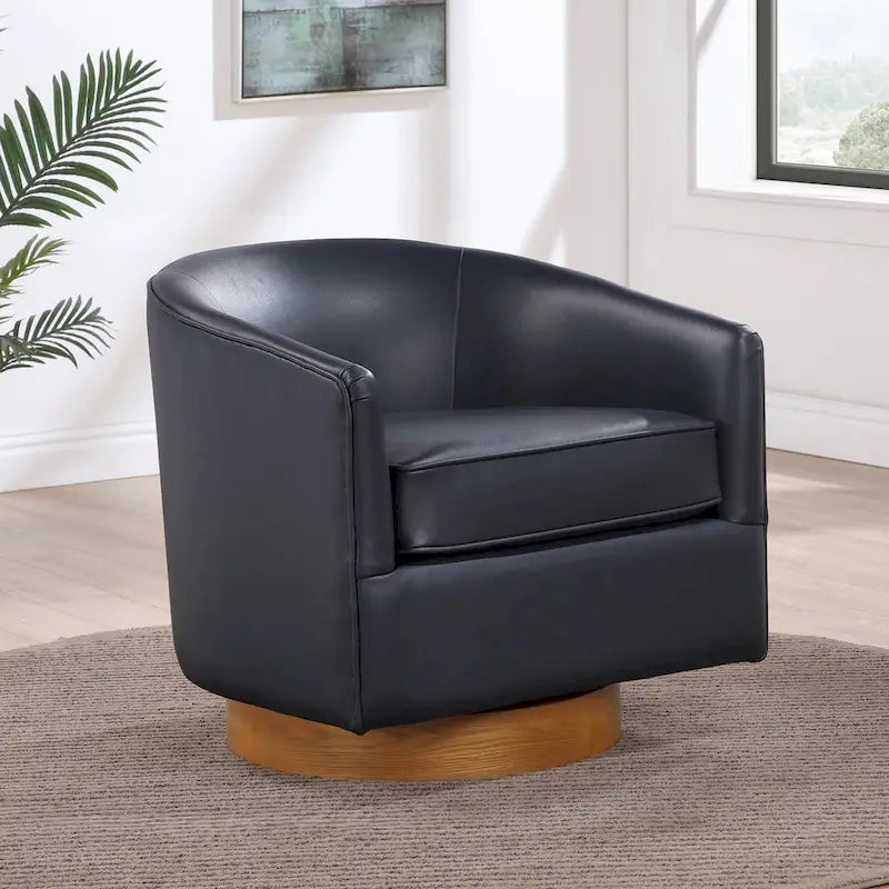 Faux Leather Wood Base Barrel Swivel Chair
