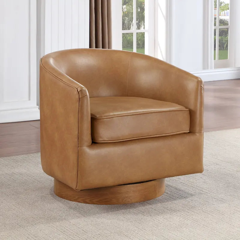 Faux Leather Wood Base Barrel Swivel Chair