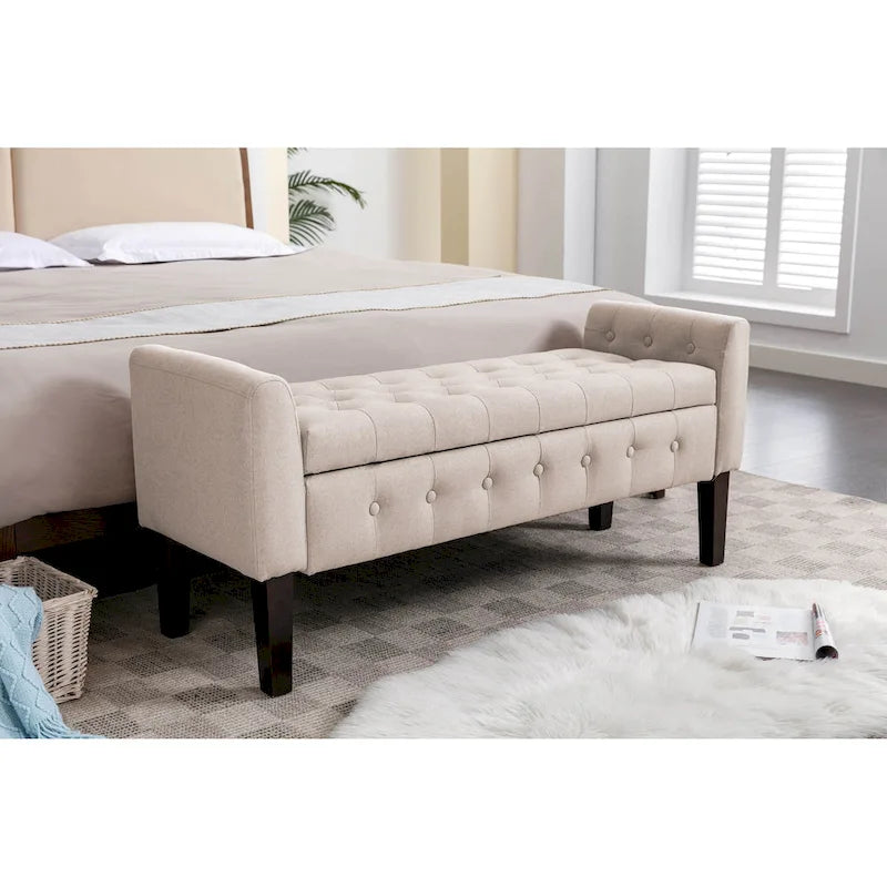 Fabric Flip Top Storage Ottoman Bench with Rubberwood Legs