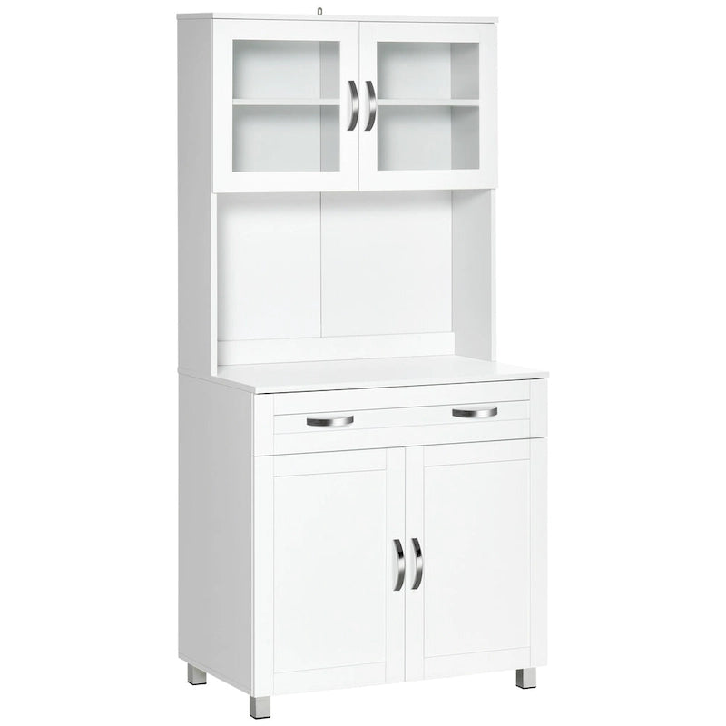 Modern Kitchen Pantry with Buffet Cabinet, Cupboard with Framed Glass Doors and Shelves, White
