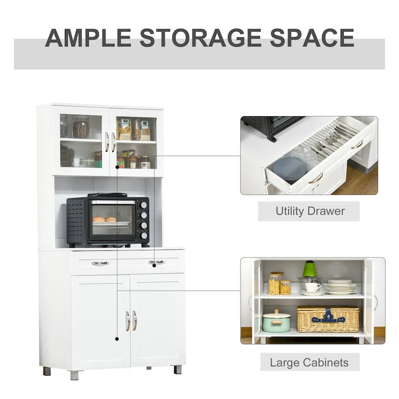 Modern Kitchen Pantry with Buffet Cabinet, Cupboard with Framed Glass Doors and Shelves, White