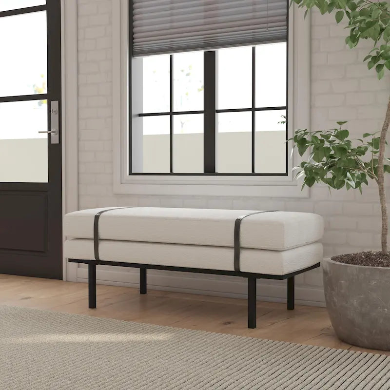 Upholstered Bench Cream Boucle with Black Metal Base