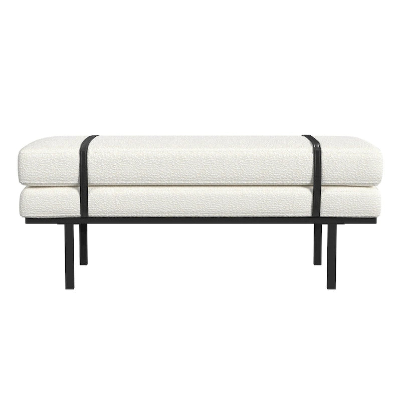 Upholstered Bench Cream Boucle with Black Metal Base
