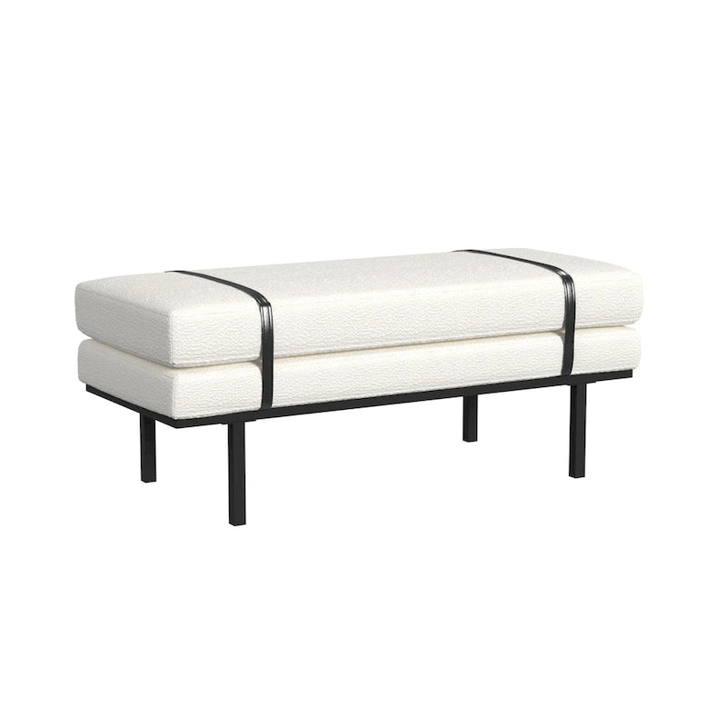 Upholstered Bench Cream Boucle with Black Metal Base