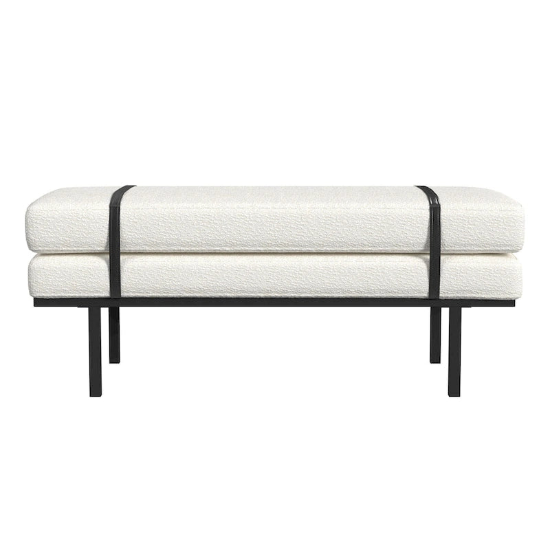 Upholstered Bench Cream Boucle with Black Metal Base