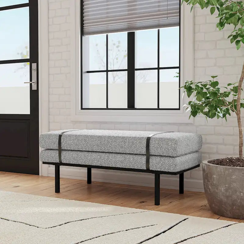 Upholstered Bench Cream Boucle with Black Metal Base