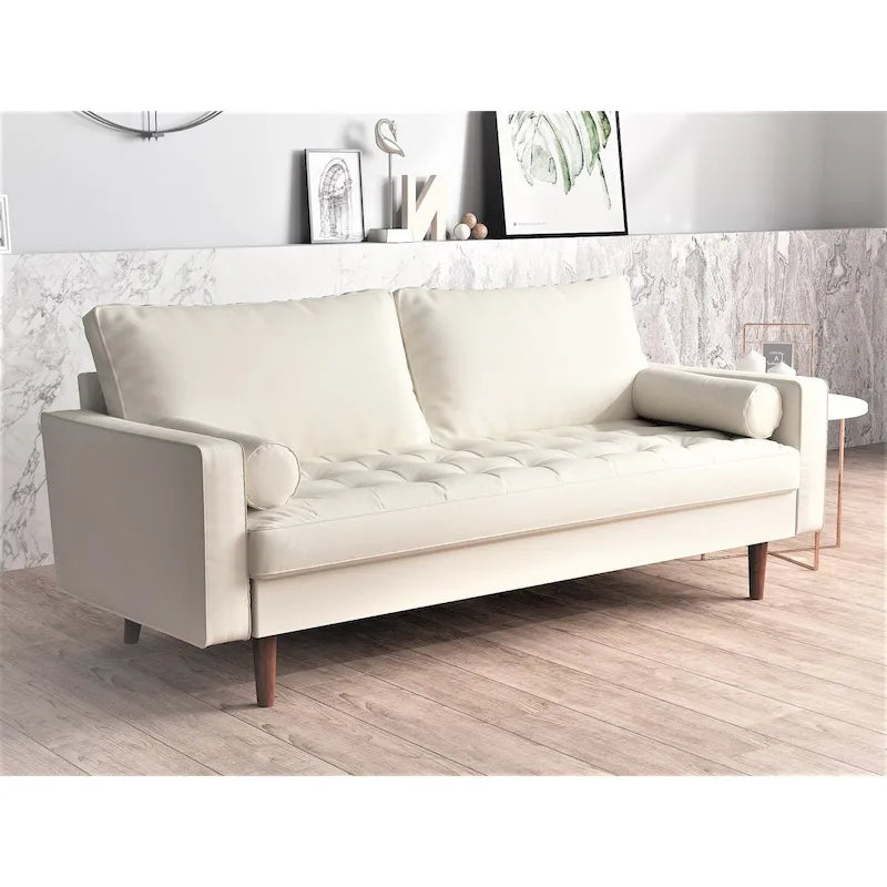 Faux Leather Mid-Century Modern Button-Tufted Sofa
