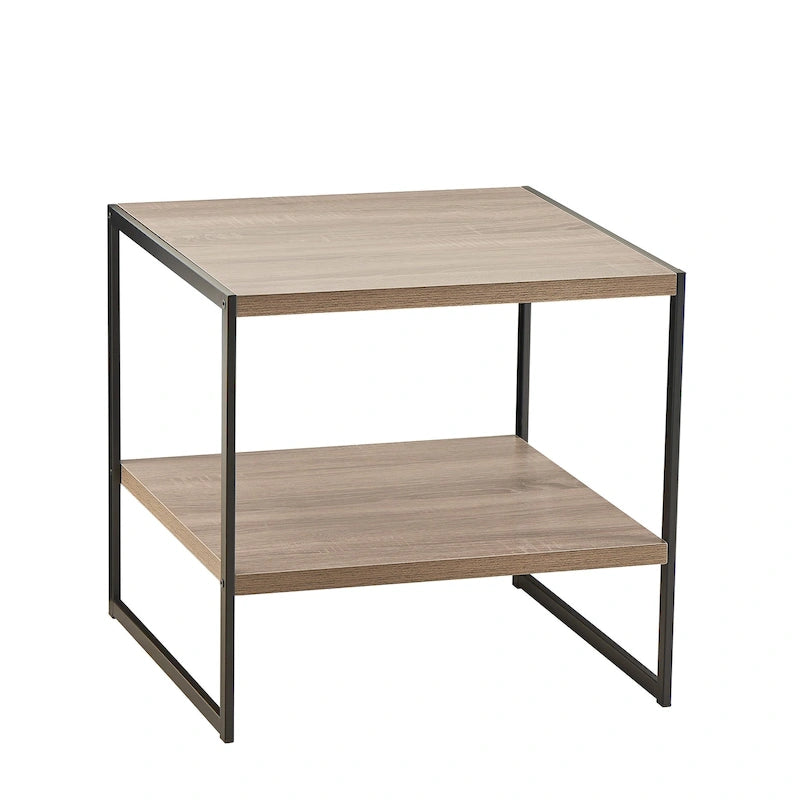 Industrial 2-Shelf End Table Powder-Coated Metal and Wood