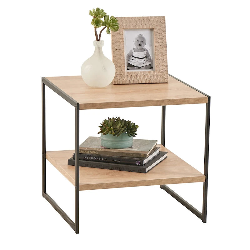 Industrial 2-Shelf End Table Powder-Coated Metal and Wood