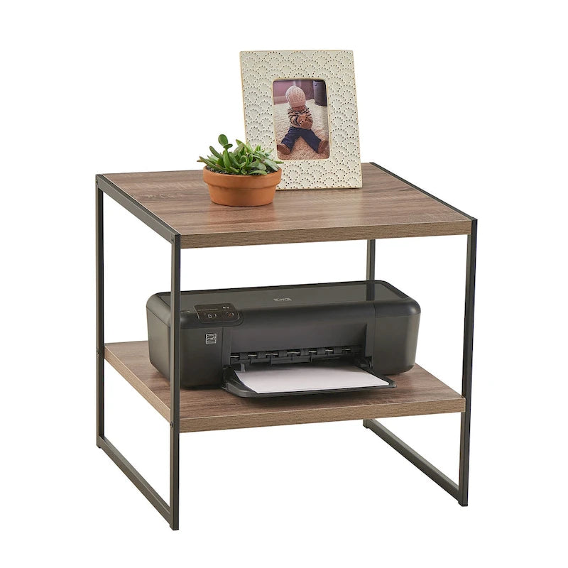 Industrial 2-Shelf End Table Powder-Coated Metal and Wood