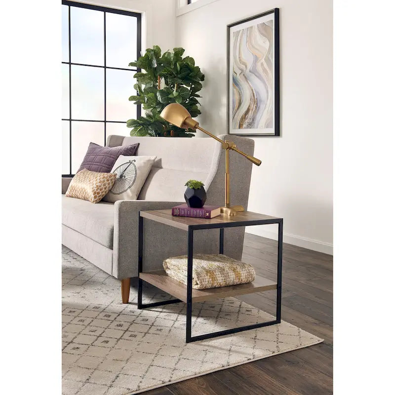 Industrial 2-Shelf End Table Powder-Coated Metal and Wood