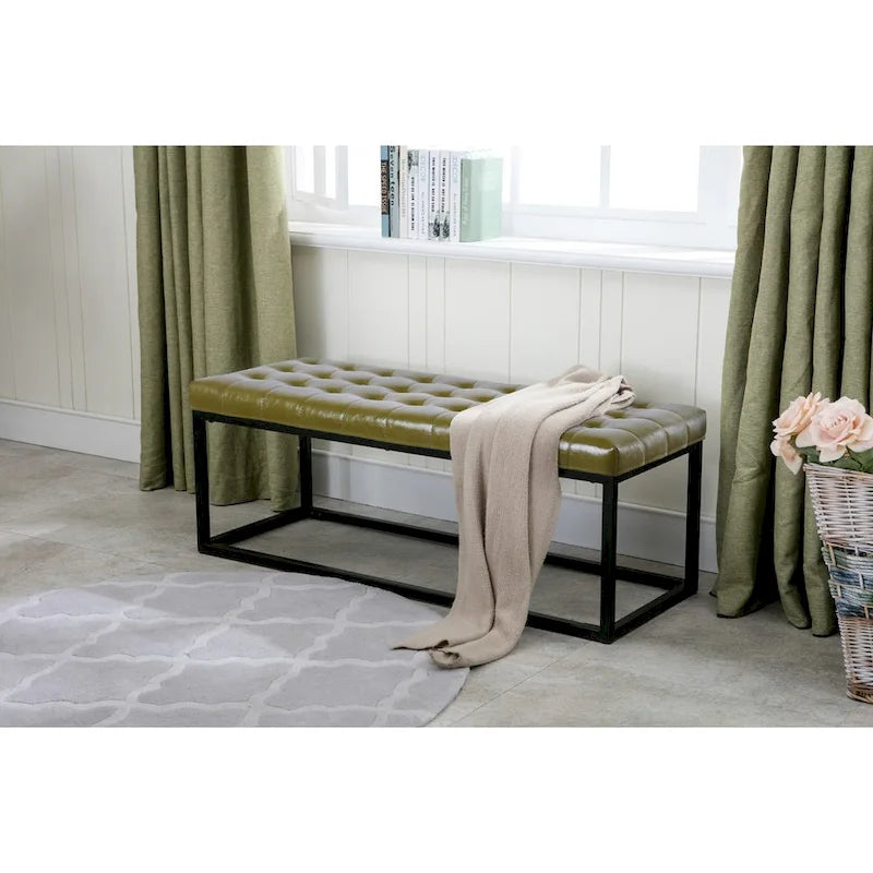 Button Tufted Polyurethane Leather Bench with Steel Base