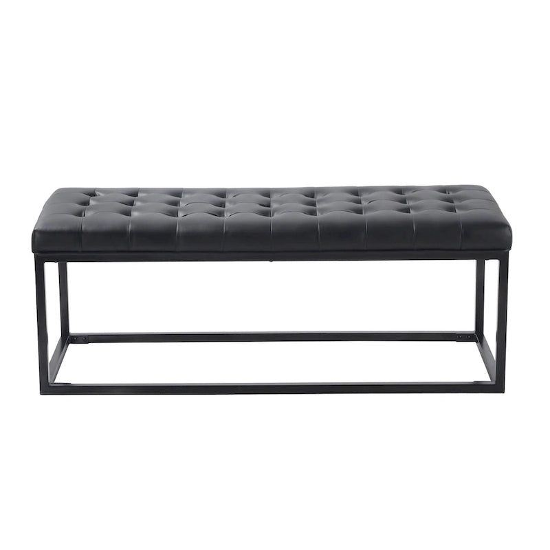 Button Tufted Polyurethane Leather Bench with Steel Base