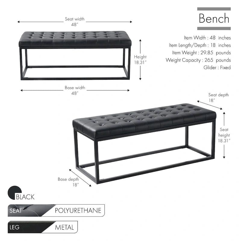 Button Tufted Polyurethane Leather Bench with Steel Base