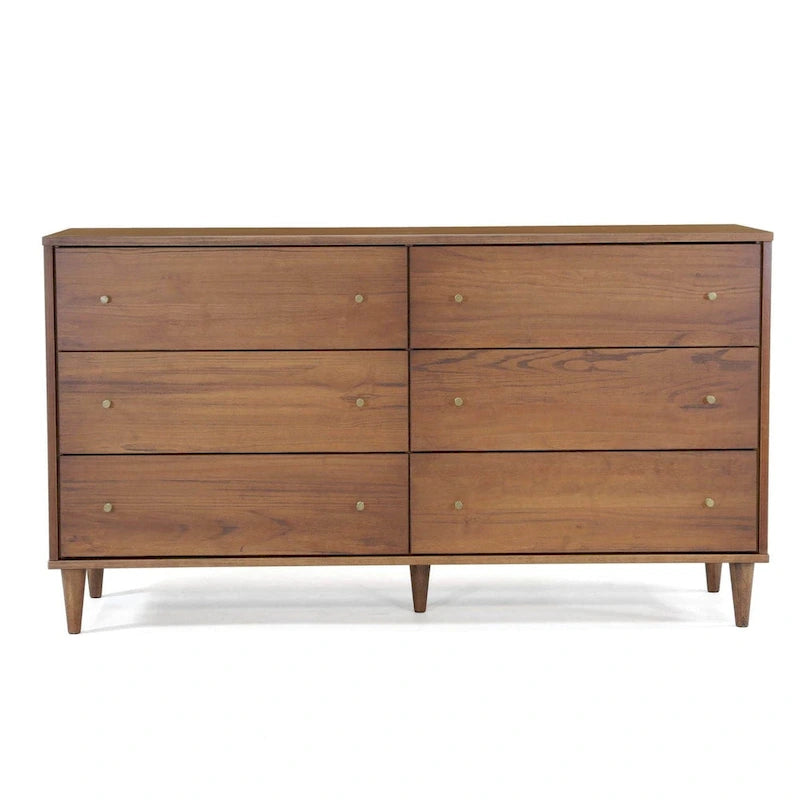 Mid-Century Modern 6-Drawer Dresser with Brass Pulls