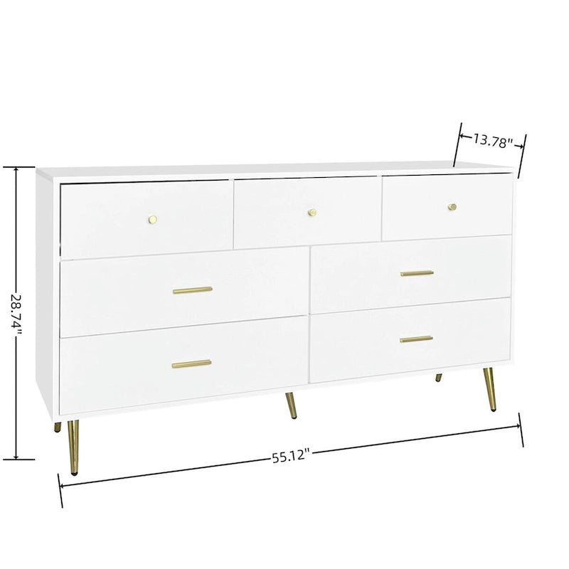 7-Drawer White Chest of Drawers with Gold Handles and Legs