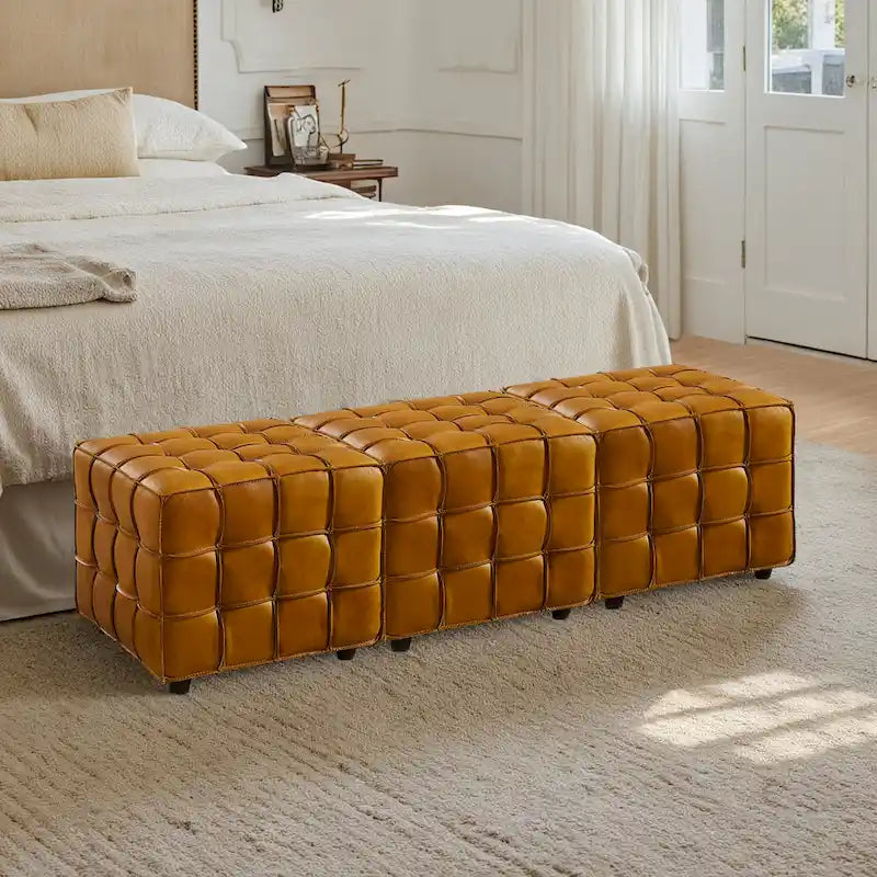 Top Grain Leather Square Pouf Ottoman