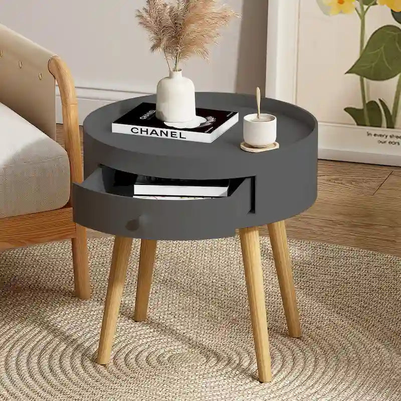 Modern Gray Coffee Table with Drawer and Oak Legs