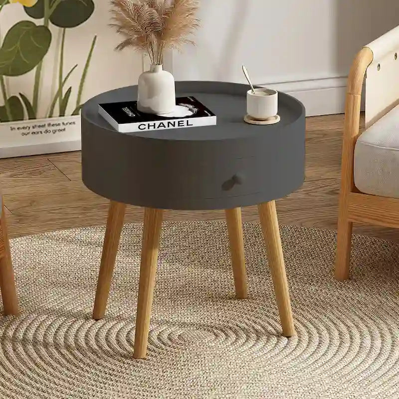 Modern Gray Coffee Table with Drawer and Oak Legs