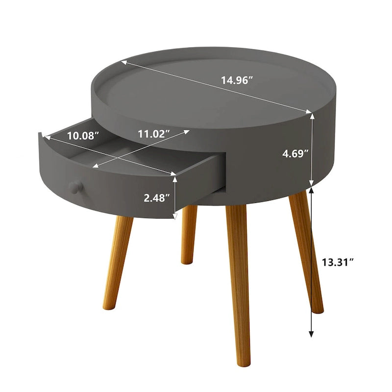 Modern Gray Coffee Table with Drawer and Oak Legs