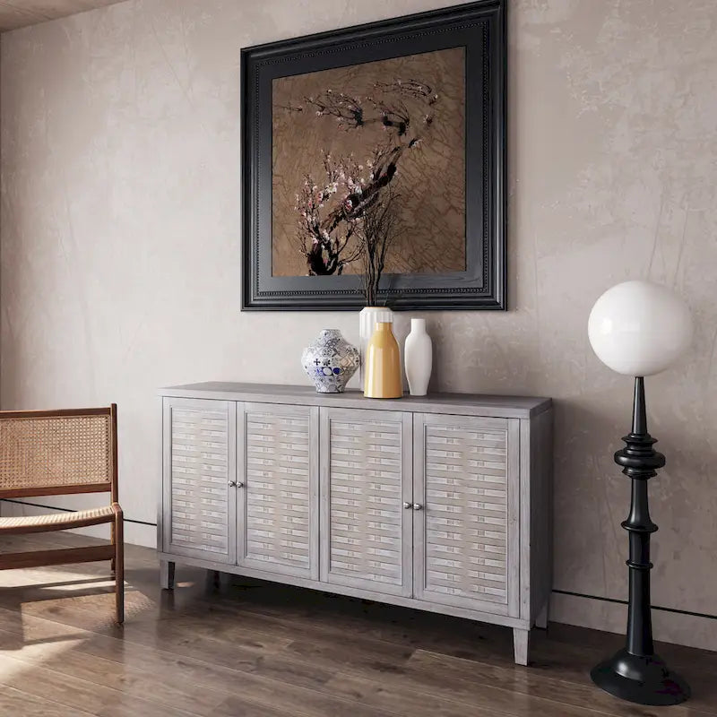 60-in Farmhouse Natural Wood Wash 4 Door Wooden Sideboard Buffet Server Accent Storage Cabinet