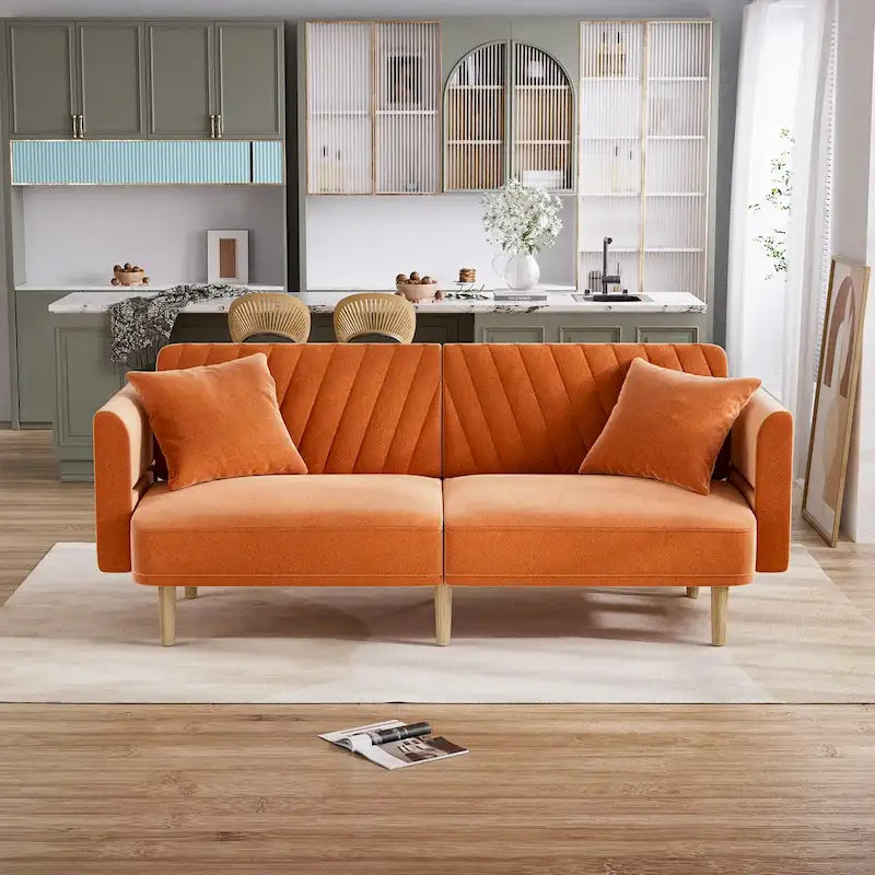 Upholstered Tufted Convertible Futon Sofa Bed with Foldable Armrest