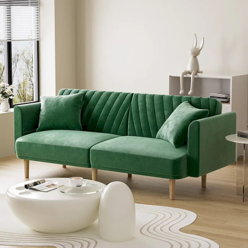 Upholstered Tufted Convertible Futon Sofa Bed with Foldable Armrest