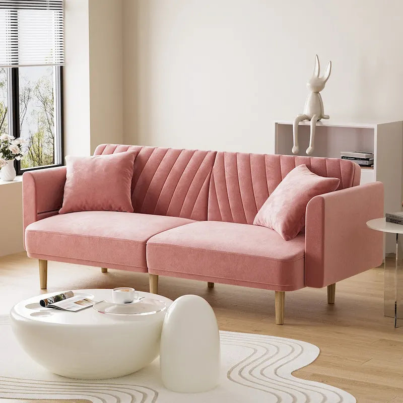 Upholstered Tufted Convertible Futon Sofa Bed with Foldable Armrest