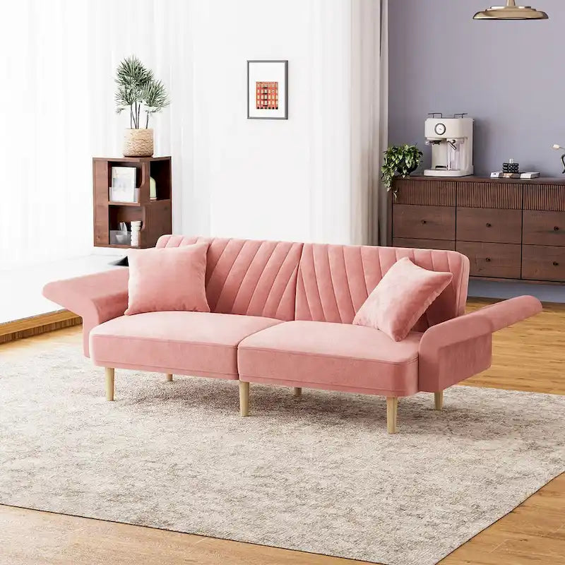 Upholstered Tufted Convertible Futon Sofa Bed with Foldable Armrest