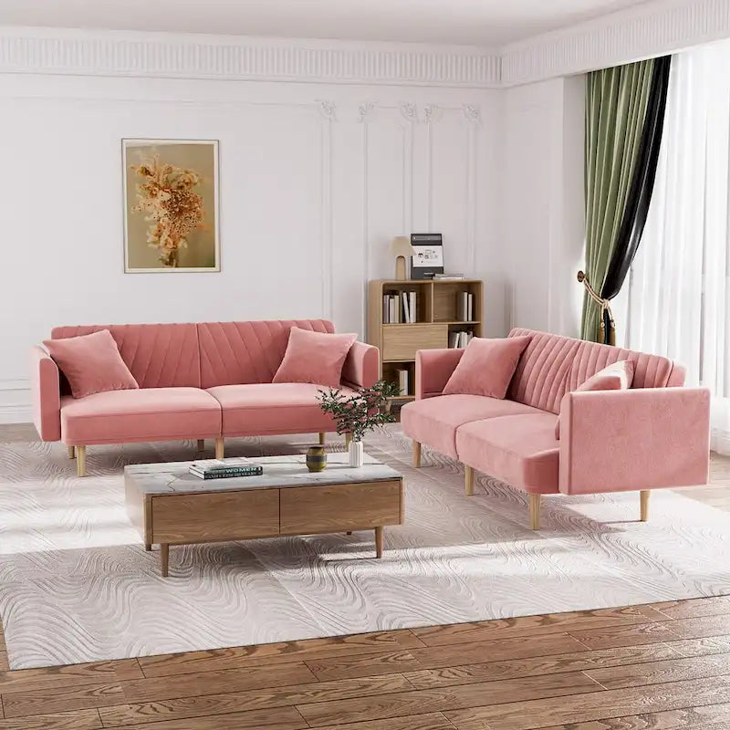 Upholstered Tufted Convertible Futon Sofa Bed with Foldable Armrest