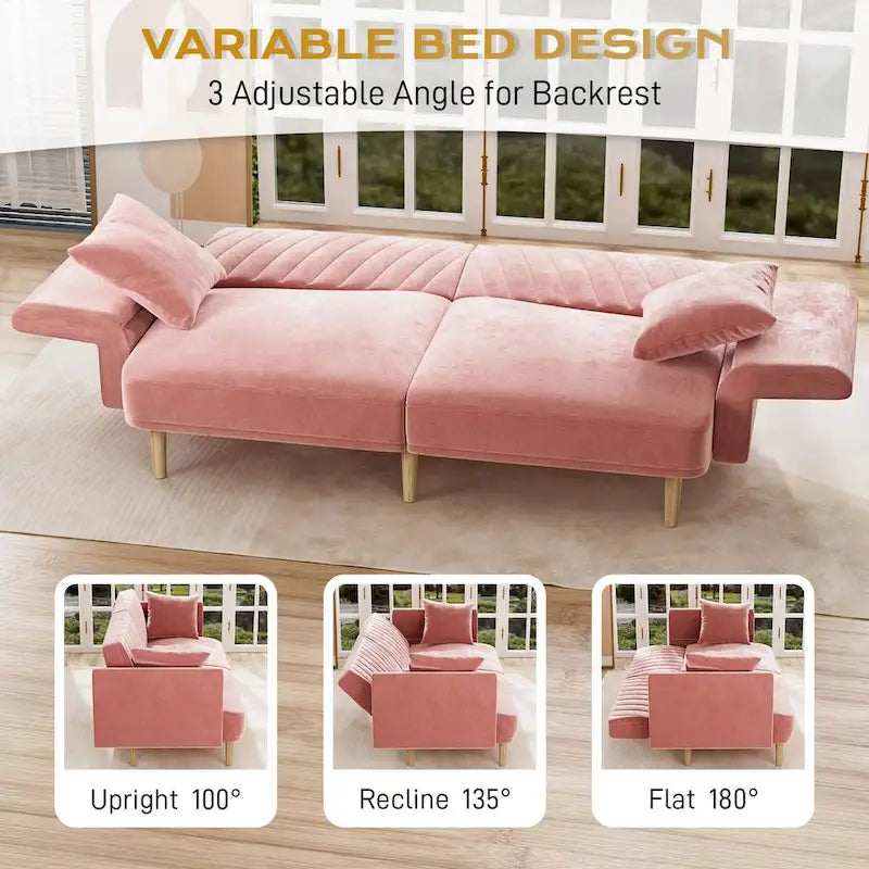 Upholstered Tufted Convertible Futon Sofa Bed with Foldable Armrest