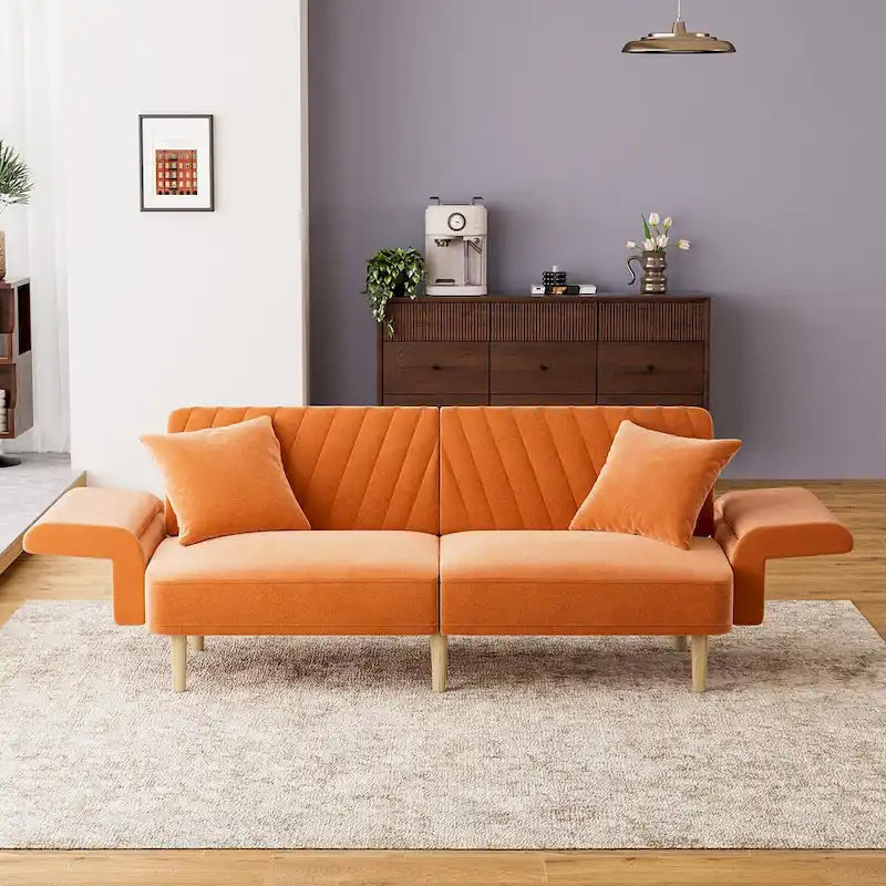 Upholstered Tufted Convertible Futon Sofa Bed with Foldable Armrest