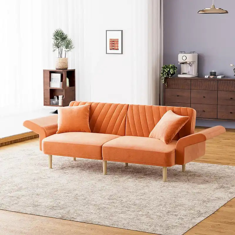 Upholstered Tufted Convertible Futon Sofa Bed with Foldable Armrest