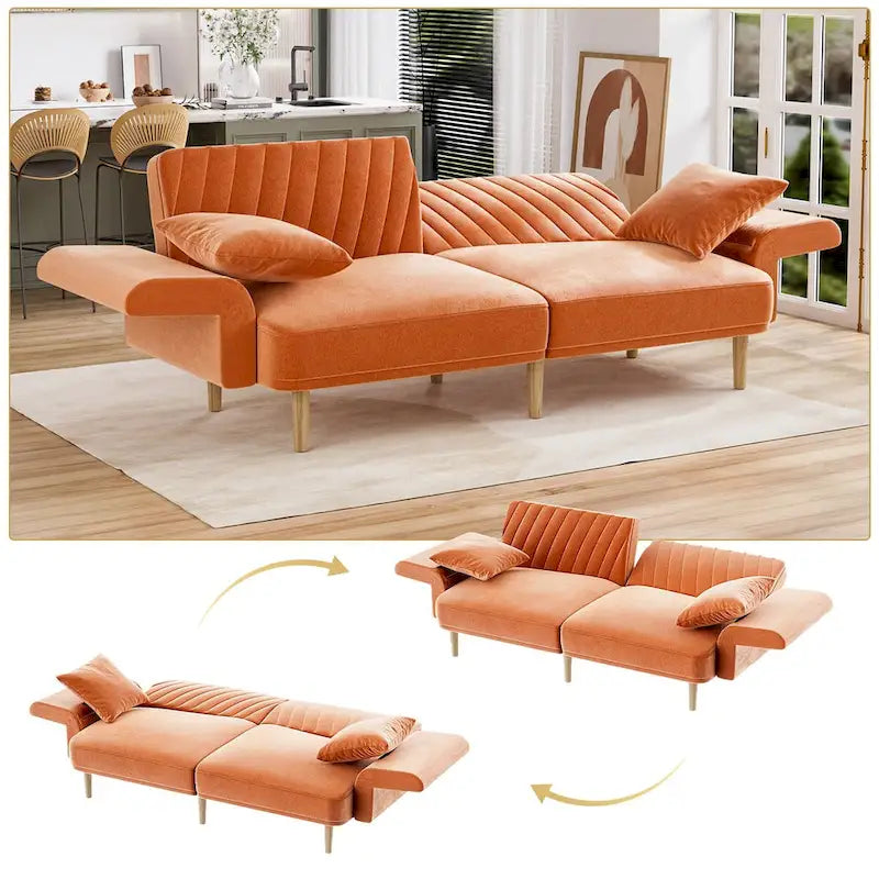 Upholstered Tufted Convertible Futon Sofa Bed with Foldable Armrest